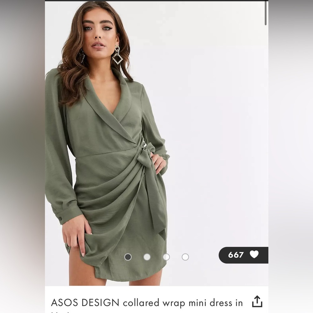 ASOS DESIGN collared wrap mini dress in khaki - size 6 US